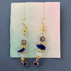 Gold and Blue Dangle Earrings with Beaded Design